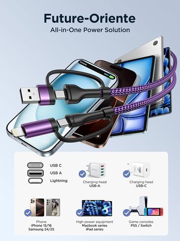 USB C to Lightning Cable, 60W 4 in 1 Fast Charging Cable Apple MFi Certified USB A to Lightning Cord Nylon 6ft USB C to USB C Charger Cord for iPhone 17 16 15 14 Pro/iPad/Samsung S25/MacBook/Switch 2 in Saudi Arabia
