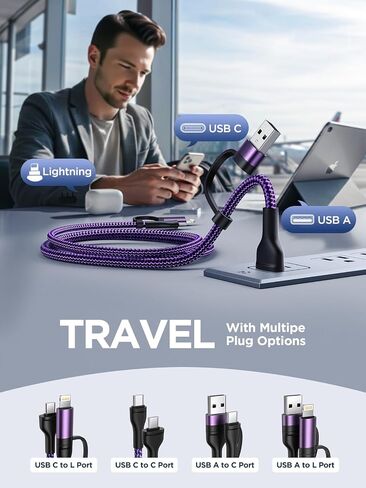 USB C to Lightning Cable, 60W 4 in 1 Fast Charging Cable Apple MFi Certified USB A to Lightning Cord Nylon 6ft USB C to USB C Charger Cord for iPhone 17 16 15 14 Pro/iPad/Samsung S25/MacBook/Switch 2 in Saudi Arabia