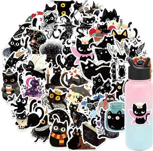 Cute Black Cat Sticker for Kid - Sticker Graphic - Cartoon Stickers for Water Bottles Laptop Cat Meme Stickers Waterproof Aesthetic Vinyl Decals Stickers for Adults Teens in Kuwait