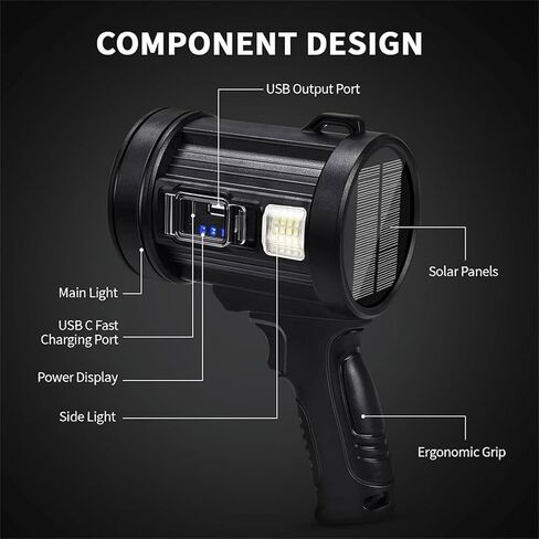 ikaufen Rechargeable Spotlight Outdoor,200000 LM Searchlight,Waterproof Handheld Spot Light,Waterproof Torch with Solar Panels for Hunting,Camping,Boat in Saudi Arabia