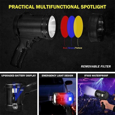 ikaufen Rechargeable Spotlight Outdoor,200000 LM Searchlight,Waterproof Handheld Spot Light,Waterproof Torch with Solar Panels for Hunting,Camping,Boat in Saudi Arabia