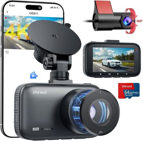 Dash Cam Front and Rear, 4K Dual Dash Cam with CPL Filter, Dash Camera for Cars-5GHz WiFi, 3" IPS Screen Dashcams for Cars with 64GB Card, App Control, Night Vision, Parking Monitor, Support 256GB Max in Saudi Arabia