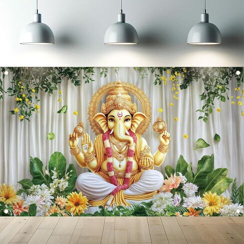 Ganesh Backdrop Banner Green Yellow Floral Festival Photography Background Hindu Ganesha Decoration Mandala God Celebration Religious Ceremony Party Supplies Photo Booth Props 71x43 Inch in Saudi Arabia