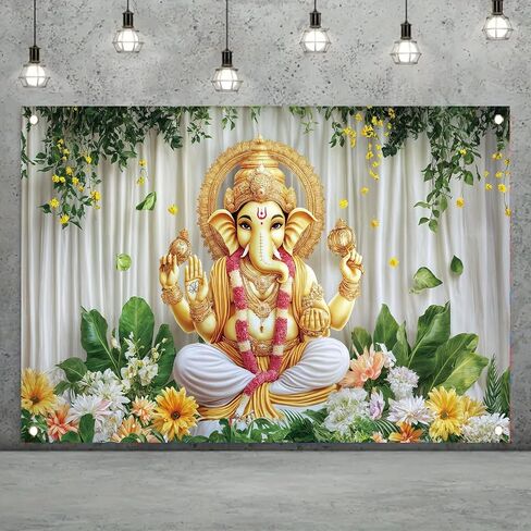 Ganesh Backdrop Banner Green Yellow Floral Festival Photography Background Hindu Ganesha Decoration Mandala God Celebration Religious Ceremony Party Supplies Photo Booth Props 71x43 Inch in Saudi Arabia