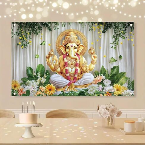 Ganesh Backdrop Banner Green Yellow Floral Festival Photography Background Hindu Ganesha Decoration Mandala God Celebration Religious Ceremony Party Supplies Photo Booth Props 71x43 Inch in Saudi Arabia