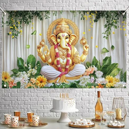 Ganesh Backdrop Banner Green Yellow Floral Festival Photography Background Hindu Ganesha Decoration Mandala God Celebration Religious Ceremony Party Supplies Photo Booth Props 71x43 Inch in Saudi Arabia