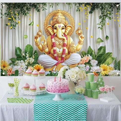Ganesh Backdrop Banner Green Yellow Floral Festival Photography Background Hindu Ganesha Decoration Mandala God Celebration Religious Ceremony Party Supplies Photo Booth Props 71x43 Inch in Saudi Arabia