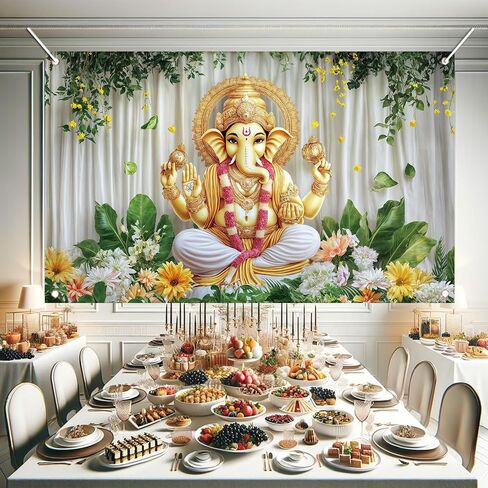 Ganesh Backdrop Banner Green Yellow Floral Festival Photography Background Hindu Ganesha Decoration Mandala God Celebration Religious Ceremony Party Supplies Photo Booth Props 71x43 Inch in Saudi Arabia