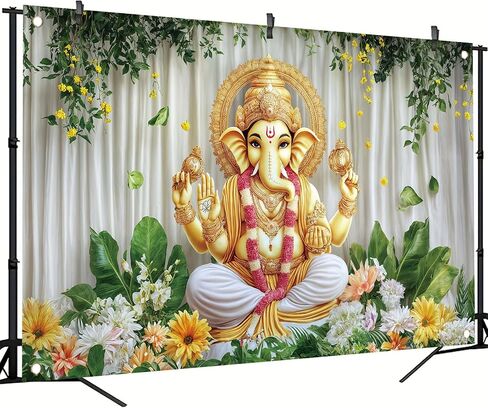 Ganesh Backdrop Banner Green Yellow Floral Festival Photography Background Hindu Ganesha Decoration Mandala God Celebration Religious Ceremony Party Supplies Photo Booth Props 71x43 Inch in Saudi Arabia