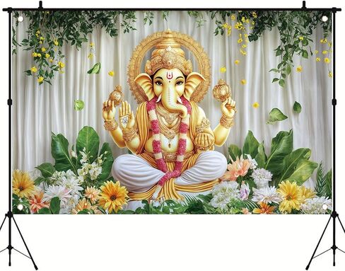 Ganesh Backdrop Banner Green Yellow Floral Festival Photography Background Hindu Ganesha Decoration Mandala God Celebration Religious Ceremony Party Supplies Photo Booth Props 71x43 Inch in Saudi Arabia