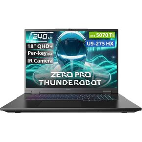 كمبيوتر محمول للألعاب Thunderobot Zero 18 Pro 5070 Ti، شاشة 18 بوصة QHD+ 240 هرتز Hummingbird، Core Ultra 9 275HX، GeForce RTX 5070 Ti، 32 جيجابايت DDR5، 2 تيرابايت SSD، لكل مفتاح RGB، كاميرا FHD IR، Wi-Fi 6E، Win 11 Home in Kuwait