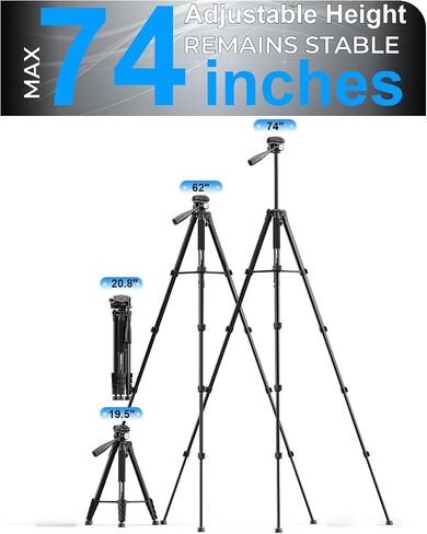 CAMOFOTO 74" Camera Tripod, Tripod Stand for Camera and Phone with Pan-Head in Saudi Arabia
