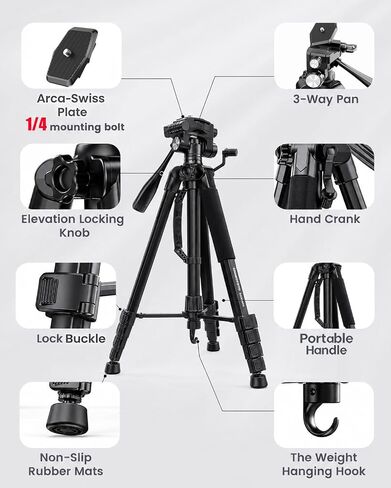 CAMOFOTO 74" Camera Tripod, Tripod Stand for Camera and Phone with Pan-Head in Saudi Arabia