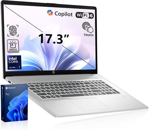 HP Business Copliot AI Laptop PC, 17.3" Touchscreen, Intel Ultra 7 255U, PCONLINE Customized 16GB/64GB DDR5, 1TB/2TB SSD, Wi-Fi 6, Webcam, Backlit Keyboard & Numeric keypad, Fingerprint Reader, Win11P in Kuwait