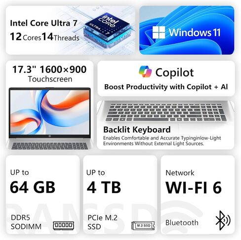 HP Business Copliot AI Laptop PC, 17.3" Touchscreen, Intel Ultra 7 255U, PCONLINE Customized 16GB/64GB DDR5, 1TB/2TB SSD, Wi-Fi 6, Webcam, Backlit Keyboard & Numeric keypad, Fingerprint Reader, Win11P in Kuwait