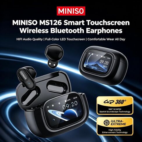 MINISO MS126 Smart Touchscreen Wireless Earbuds, Bluetooth 6.0 Headphones, ENC Noise Canceling, Spatial Audio, 30H Playtime, in-Ear Earphones for Travel/Sports/Study/Business/Daily Life in Kuwait