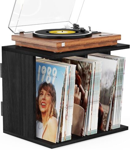 Emfogo Vinyl Record Storage, Record Player Stand Wall Mount Up to 80-100 Albums, 3-Compartment Vinyl Record Holder, Black in Saudi Arabia
