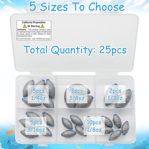 25Pcs 5 Size Egg Sinkers Lead Fishing Weights Sinkers Kit Slip Sinkers in Saudi Arabia