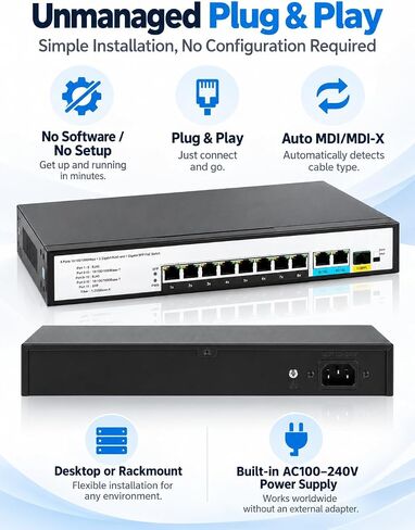 8 Port Gigabit PoE+ Switch, 30W per Port IEEE 802.3af/at, 2 Gigabit Uplink RJ45 + 1 SFP Port, 250m Long Range Extend Mode, Unmanaged Plug and Play PoE Switch for IP Cameras, Wireless AP, VoIP in Saudi Arabia