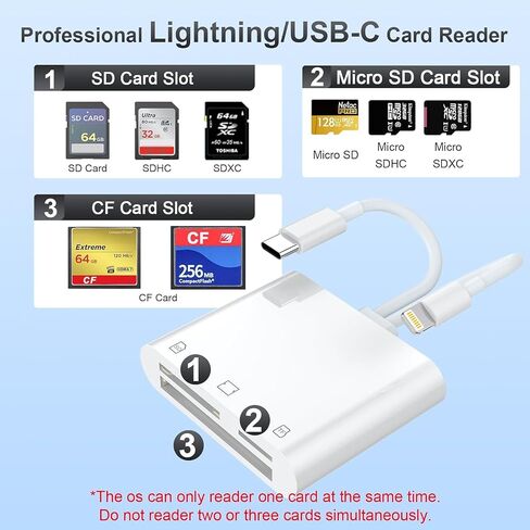 قارئ بطاقات SD/TF/CF لأجهزة iPhone/iPad، محول قارئ بطاقات ذاكرة 3 في 2 Lightning/USB C إلى SD/TF/CF، قارئ بطاقات iPhone لأجهزة iPhone/iPad/MacBook/Samsung، توصيل وتشغيل قارئ محول الكاميرا الرقمية in Kuwait