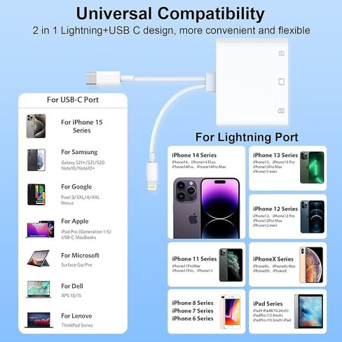 قارئ بطاقات SD/TF/CF لأجهزة iPhone/iPad، محول قارئ بطاقات ذاكرة 3 في 2 Lightning/USB C إلى SD/TF/CF، قارئ بطاقات iPhone لأجهزة iPhone/iPad/MacBook/Samsung، توصيل وتشغيل قارئ محول الكاميرا الرقمية in Kuwait
