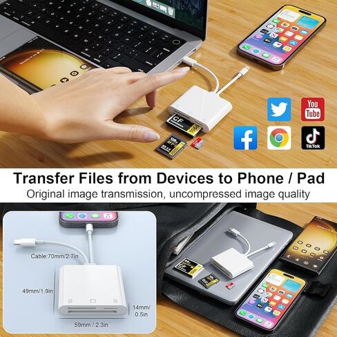 قارئ بطاقات SD/TF/CF لأجهزة iPhone/iPad، محول قارئ بطاقات ذاكرة 3 في 2 Lightning/USB C إلى SD/TF/CF، قارئ بطاقات iPhone لأجهزة iPhone/iPad/MacBook/Samsung، توصيل وتشغيل قارئ محول الكاميرا الرقمية in Kuwait