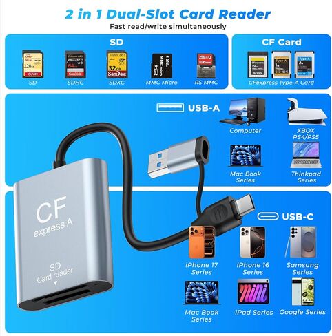 2-in-1 CFexpress Type A&SD Card Reader,USB3.2 Gen 2 10Gbps CFexpress Type A Memory Card Reader with USB-C + USB-A Cable,Dual-Slot CF Express Type A Reader Compatible with Windows,Mac Book,Google in Saudi Arabia