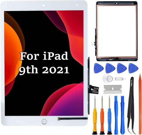 Screen Replacement for iPad 9th Generation 10.2 Inch 2021, Glass Digitizer No LCD, Fully Supports Pencil, Pre Installed Home Button, Repair Tool Kit, Models A2602, A2604, A2603, A2605 Black in Saudi Arabia