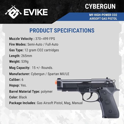 Evike Airsoft - Win Gun High Power M9 CO2 Powered Airsoft Gas Airsoft Pistol - Black in Saudi Arabia