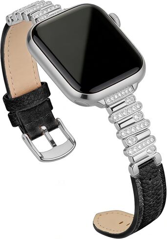 Bling Leather Band Compatible for Apple Watch 38mm 40mm 41mm 42mm (S10/S11) Women, Crystal Replacement Strap for iWatch Series 11 10 9 8 7 6 5 4 3 2 SE 3, Black/Gold in Kuwait