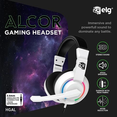 سماعة رأس سلكية للألعاب ELG Alcor، PC/PS4/PS5/Xbox/Switch/Mobile، مشغلات 40 مم، ميكروفون متعدد الاتجاهات قابل للسحب، صوت وكتم صوت مدمجان، شبكة رياضية، RGB، أبيض in Kuwait