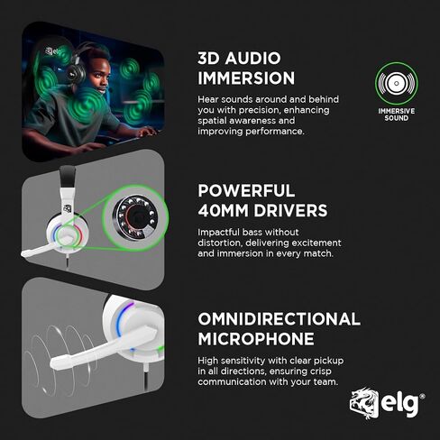 سماعة رأس سلكية للألعاب ELG Alcor، PC/PS4/PS5/Xbox/Switch/Mobile، مشغلات 40 مم، ميكروفون متعدد الاتجاهات قابل للسحب، صوت وكتم صوت مدمجان، شبكة رياضية، RGB، أبيض in Kuwait