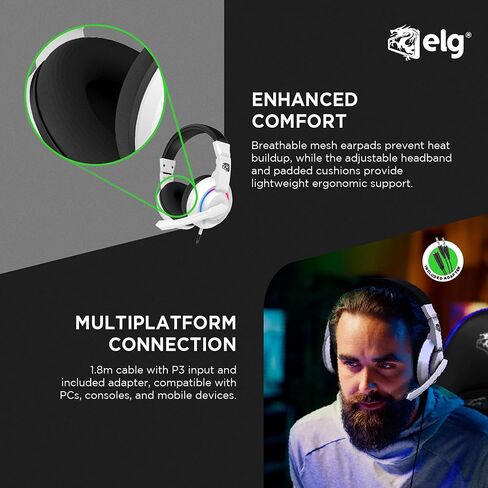 سماعة رأس سلكية للألعاب ELG Alcor، PC/PS4/PS5/Xbox/Switch/Mobile، مشغلات 40 مم، ميكروفون متعدد الاتجاهات قابل للسحب، صوت وكتم صوت مدمجان، شبكة رياضية، RGB، أبيض in Kuwait