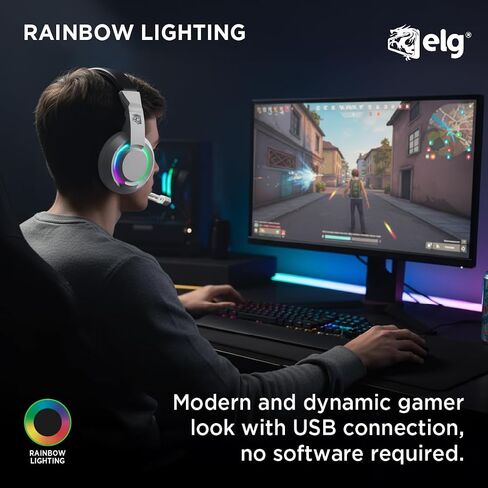 سماعة رأس سلكية للألعاب ELG Alcor، PC/PS4/PS5/Xbox/Switch/Mobile، مشغلات 40 مم، ميكروفون متعدد الاتجاهات قابل للسحب، صوت وكتم صوت مدمجان، شبكة رياضية، RGB، أبيض in Kuwait