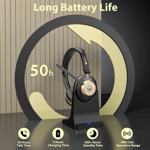 Wireless Headset, 5.3 Bluetooth Headset with Microphone Noise Canceling & USB Dongle, 50hrs Wireless Headphones with Mic Mute & Charge Dock for Call Laptop Computer Phone Teams Office Remote Work in Saudi Arabia