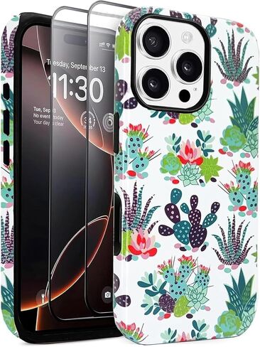 J.west Compatible with iPhone 16 Pro Case 6.3 inch with 2 Pack Tempered Glass Screen Protectors Vintage Animal Tortoiseshell 2in1 Hybrid Cover for Women Protective Phone Cases Brown in Saudi Arabia