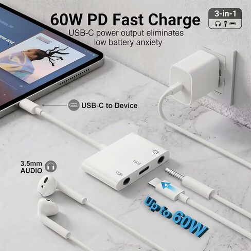 USB C to Microphone & 3.5mm Headphone Adapter with PD 60W Fast Charging in Kuwait