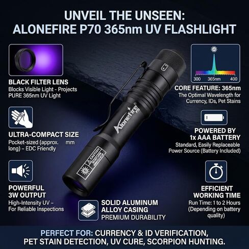 ALONEFIRE P70 Mini 365nm UV Flashlight, 3W Black Light with Black Filter in Saudi Arabia