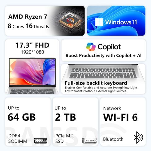 HP 17.3" FHD Premium Copilot AI Laptop, Ryzen 7 7730U, Long Battery Life PC in Kuwait