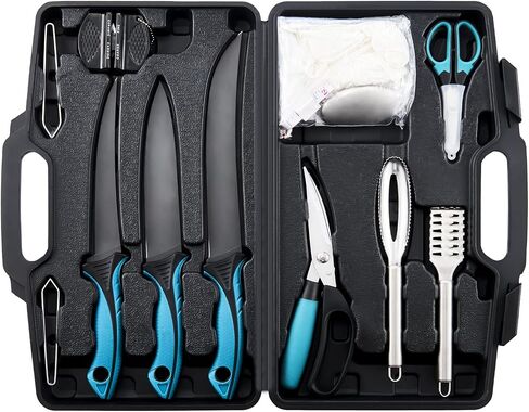 KNINE OUTDOORS Fish Fillet Knife Set Curved Flex 7 inch 9 inch Filet Knife for Filleting and Boning, Non-Slip Handles, Includes Fishing Braid Line Scissors, Fish Dressing Scissors, Filleting Pad in Kuwait