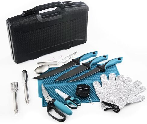 KNINE OUTDOORS Fish Fillet Knife Set Curved Flex 7 inch 9 inch Filet Knife for Filleting and Boning, Non-Slip Handles, Includes Fishing Braid Line Scissors, Fish Dressing Scissors, Filleting Pad in Kuwait