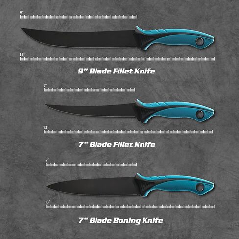 KNINE OUTDOORS Fish Fillet Knife Set Curved Flex 7 inch 9 inch Filet Knife for Filleting and Boning, Non-Slip Handles, Includes Fishing Braid Line Scissors, Fish Dressing Scissors, Filleting Pad in Kuwait