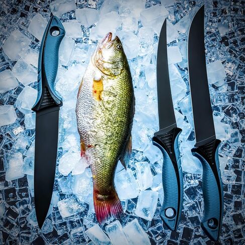 KNINE OUTDOORS Fish Fillet Knife Set Curved Flex 7 inch 9 inch Filet Knife for Filleting and Boning, Non-Slip Handles, Includes Fishing Braid Line Scissors, Fish Dressing Scissors, Filleting Pad in Kuwait