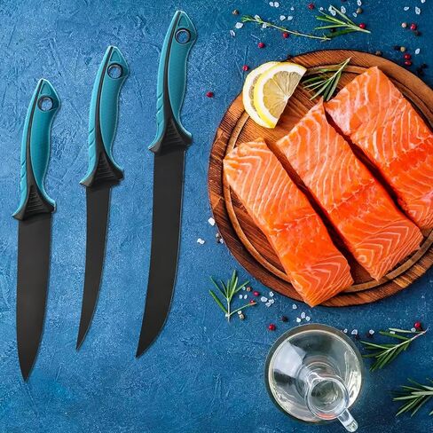 KNINE OUTDOORS Fish Fillet Knife Set Curved Flex 7 inch 9 inch Filet Knife for Filleting and Boning, Non-Slip Handles, Includes Fishing Braid Line Scissors, Fish Dressing Scissors, Filleting Pad in Kuwait