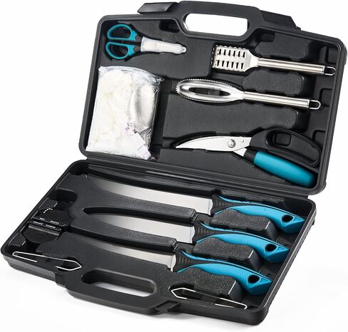 KNINE OUTDOORS Fish Fillet Knife Set Curved Flex 7 inch 9 inch Filet Knife for Filleting and Boning, Non-Slip Handles, Includes Fishing Braid Line Scissors, Fish Dressing Scissors, Filleting Pad in Kuwait