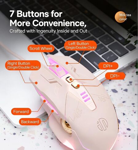 Gaming Mouse, Wired 7 Programmable Silent Buttons, 200-8800 DPI Adjustable RGB Ergonomic Mouse with Braided Cable for PC Computer Gaming Office（W8 in Kuwait