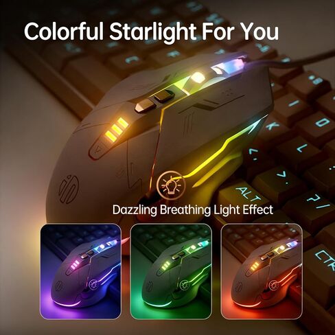 Gaming Mouse, Wired 7 Programmable Silent Buttons, 200-8800 DPI Adjustable RGB Ergonomic Mouse with Braided Cable for PC Computer Gaming Office（W8 in Kuwait