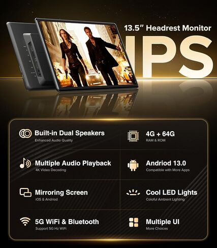 13.5" Android 13 Car Headrest Monitor 64GB Rear TV (Pair) in Saudi Arabia
