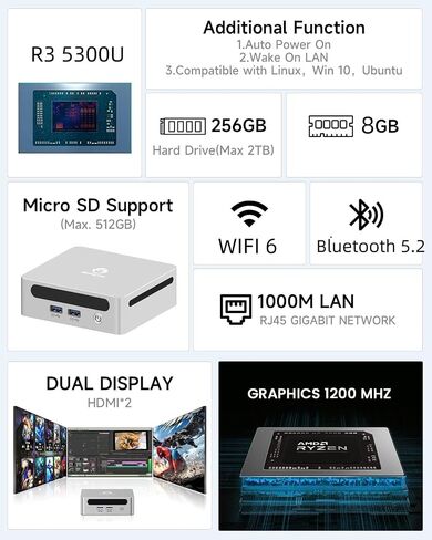 كمبيوتر صغير AMD Ryzen 3 5300U أجهزة كمبيوتر صغيرة تصل إلى 3.8 جيجا هرتز 4c/8t، 8 جيجا DDR4، 256 جيجا SSD & M.2 NVME، كمبيوتر ألعاب مع Wifi6/BT5.2، ألعاب/مكتب/تصميم in Kuwait