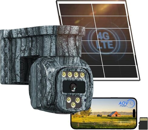 4G LTE Solar Cellular Security Camera Wireless Outdoor, No WiFi Needed, AOV Recording, 2K PTZ Live View, Built-in eSIM, Motion Detection, Includes 32GB SD Card, Off-Grid Security, Farm, Ranch in Kuwait